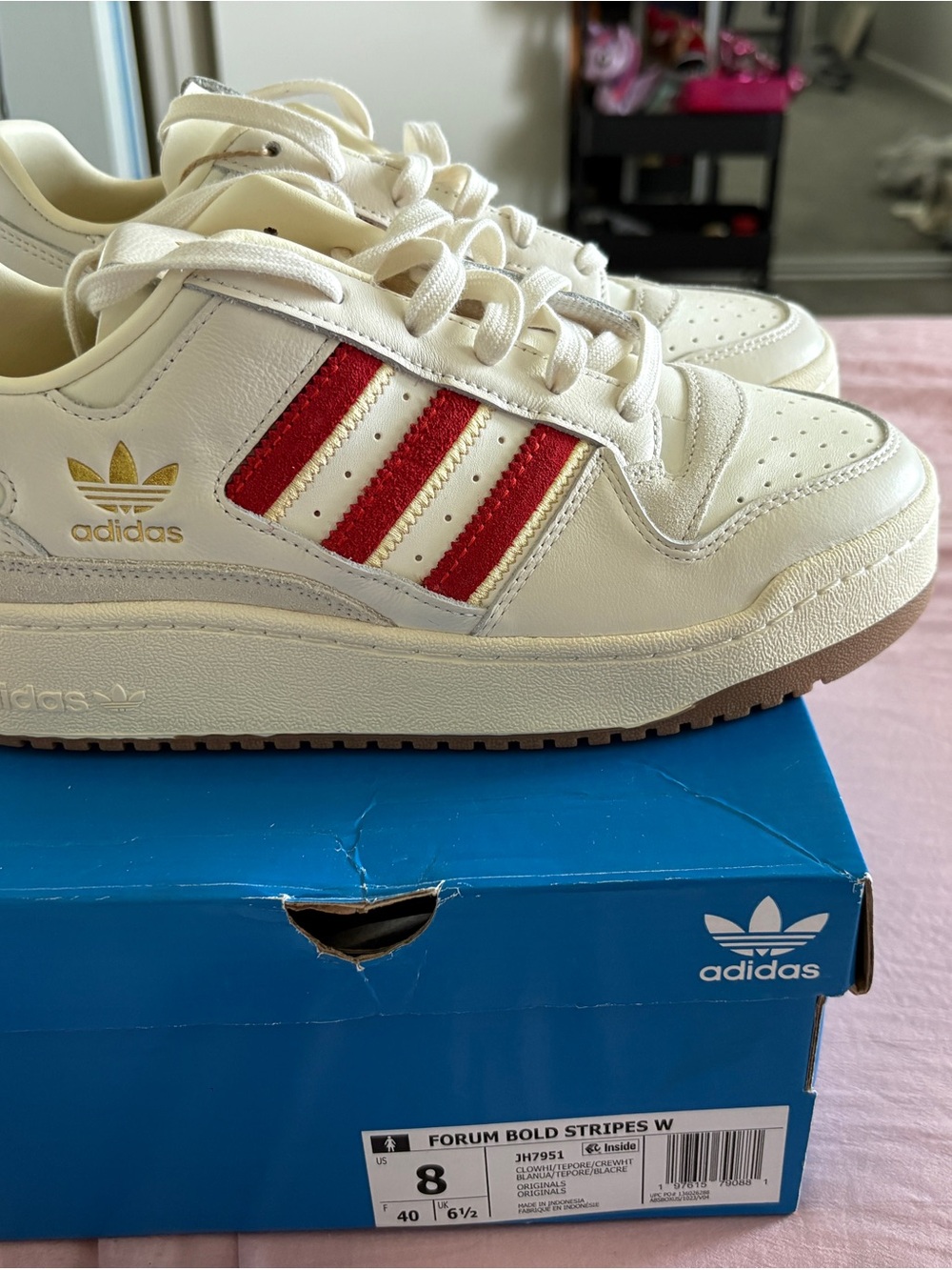 adidas Men’s Forum Bold Stripes Sneakers in Off-White with Red Stripes